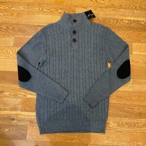 Kian D Los Angeles Quarter Button Mock Neck Large Sweater Elbow Patch NWT